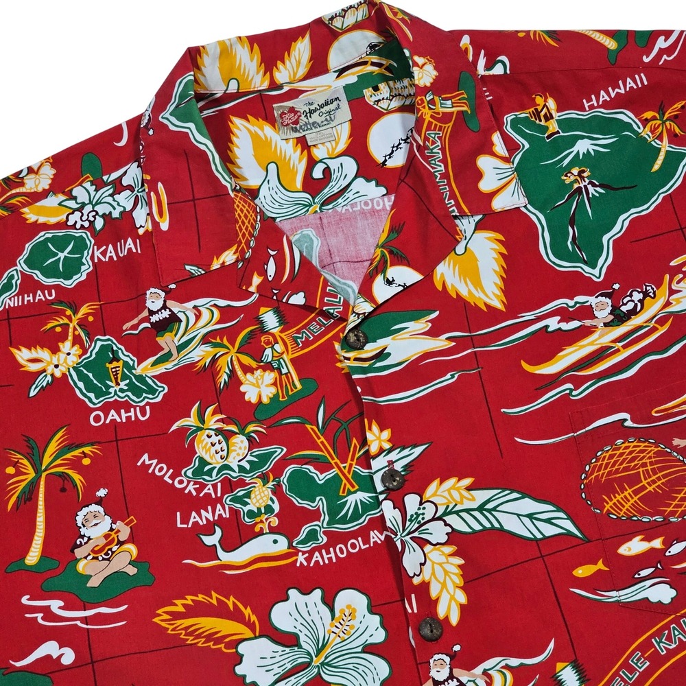 Hilo Hattie Button Up Shirt Mens 3XL Red Mele Kalikimaka Christmas Aloha Retro